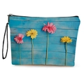 Floral makeup bag with blue wood grain texture and daisy print featuring a wrist strap - Blue Wood Grain Daisy Print (Style 3)