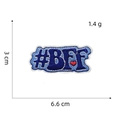 Detailed view of #BFF blue embroidery patch with red heart, size 3 cm x 6.6 cm - #BFF Text