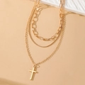 Three-layer gold layered necklace set with minimalist cross pendant on a chic square chain - HS1459-2 Gold 3-Layer Cross Simple Necklace