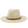 Beige straw sun hat with brown leather buckle strap and frayed edges for summer holidays - M(56-58cm) / Beige