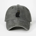 Gorra de béisbol de mezclilla lavada gris oscuro vintage con bordado de gato negro - Ajustable / Verde Militar