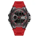Waterproof sports watch with red resin strap and black dual-display digital dial - 6092 Red Men's