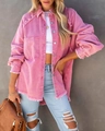 Detail of rose pink denim jacket featuring heavy fringe trim and distressed edges - S / Tops / Rose Red