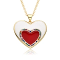 Collier rétro à pendentif cœur doré avec émail blanc et zircons colorés - Style Double Cœur Blanc et Rouge (E132)