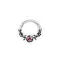 Silver rose septum ring with red gemstone center and leaf details on a white background - Red Rose / Silver