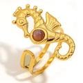 Anello ippocampo regolabile in acciaio inossidabile placcato oro 18K con gemma - Stile Cavalluccio Marino Rubino (Oro)