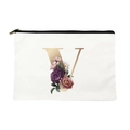 White canvas makeup bag with metallic letter V and floral print design - Letter V