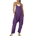 Detail of purple loose fit jumpsuit featuring spaghetti straps and functional side pockets - Deep purple