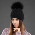 Women's double-layer wool knit beanie with large fur pompom in solid black color - Black + Black Pom Pom