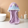 Coral fleece dry hair cap with cute flower decorations and lace trim, highly absorbent towel. - Triangle Hat / Purple
