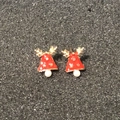 Christmas stud earrings featuring red bell, golden reindeer antlers, and white pearl - A138-48 Christmas Reindeer