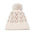 Detail of winter knit beanie with thick cream and coffee geometric patterns and soft pompom - M (56-58cm) / Beige