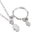 Silver stainless steel paperclip chain jewelry set with Hamsa hand and OT buckle charms - Steel (KS144104-Z)