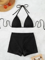 Black polka dot bikini set with halter top and high-waisted shorts in ribbed fabric - S / Black