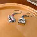 Asymmetric cupcake and teacup earrings with colorful zircon on an orange ceramic plate - Silver Ear Hook/Asymmetric Teacup Cake