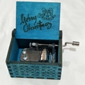 Blue wooden hand-cranked music box with Merry Christmas engraving and metal mechanism - Christmas 33/Blue/Merry Christmas Engraving