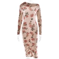 Nauwsluitende jurk met bloemenprint, lange mouwen en plooien op witte achtergrond - S / Broken Wit