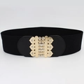 Women black elastic wide belt featuring a gold heart-shaped buckle with sparkling rhinestones - Hollow Heart Style
