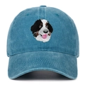 Gros plan de la broderie de Bouvier Bernois sur une casquette en coton bleu délavé - Bleu lac