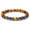 Macro detail of 8mm natural tiger eye stone beads with hematite and gold spacers - Yellow Tiger Eye with Dark Gray Hematite (Style-1)