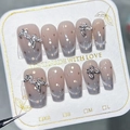 Cat-Eye Kunstnägel mit 3D-Schmetterlingen und goldenen Punkten, handgefertigtes Set - XS / Kleber-Typ