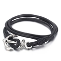 Multilayer black leather wrap bracelet featuring a silver stainless steel anchor clasp - Black Anchor Braided Style (KB62367-BD)