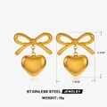 Boucles d'oreilles nœud en acier doré avec un pendentif cœur poli élégant - Nœud avec style cœur doré (ZN818)