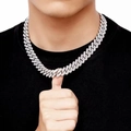 Silver 14mm hip hop Cuban link necklace with pavé rhinestones worn by a male model - 50CM Silver Necklace