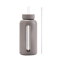 Detail of 800ml glass water bottle with taupe silicone sleeve and long cleaning brush - Gray