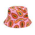 Detailed view of pink bucket hat featuring all-over tropical papaya fruit print patterns - Pink