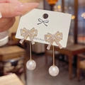 S925 silver post tassel earrings featuring a golden bow and white pearl drop - E0124 Gold Silver Needle (French Bow Pearl Studs Gold White)