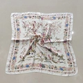 Elegant ivory faux silk square scarf featuring traditional garden floral and peacock prints - Beige-colored Small Square Scarf With Green Floral Pattern / 65
