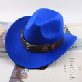 Ethnic Western Cowboy Hat in vibrant blue wool felt with bull head leather band - Leather Strap Bull Head / Sapphire Blue