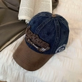 Casquette vintage en denim bleu marine et daim marron avec broderie fine - Réglable / Bleu Denim