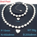 Conjunto de collar y pulsera de perlas de concha blancas con colgantes de corazón - Collar / Color Acero