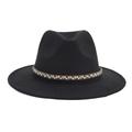 Macro detail of black wool felt fedora featuring a colorful ethnic beaded hat band - White Beaded Turquoise