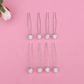 Set of 8 silver U-shaped hair pins with sparkling white rhinestone ball ornaments - Full Rhinestone Ball Style (FZ-001) / 8Pcs Set / Silver