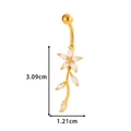 Golden flower and leaf belly button ring with clear zircons and size measurements - Long Flower Style (0168-11#) / Gold