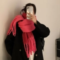 Thick knit hot pink mohair scarf for women featuring soft long tassels and warm texture - Patchwork Pink