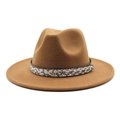Detail of khaki wool fedora hat featuring a stylish snakeskin band and metallic buckle - Light Coffee