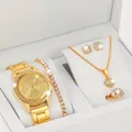 5-piece gold women's watch set with tennis bracelet and sparkling jewelry in box - Gold Set 5 (Orange Box)
