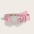 Pink faux leather skinny belt for women with stylish double heart and lightning buckle - 1328 Double Heart Lightning Buckle-Pink