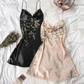Elegant champagne silk satin slip dress with white floral prints and thin straps - S / Champagne & Black Set