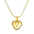 Gold heart pendant necklace with letter V engraving and beaded edge on snake chain - Heart Letter V (S-P151-V)