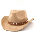 Classic Western faux suede cowboy hat in khaki with leather band and metal studs - M (56-58cm) / Camel