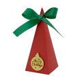 Rote Pyramide Weihnachts Süßigkeitenbox mit grünem Band und goldenem Etikett - Weihnachtskugel-Stil