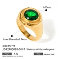 Gold-plated stainless steel ring with large emerald green stone and size details - Round Green Gem Gold Ring (JDR2405028-GN)
