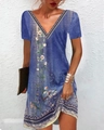 Short sleeve V-neck dress with blue vintage floral prints and ethnic patterns - S / Tops / T-Shirts / Purple