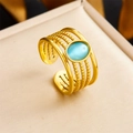 Retro 18k gold plated stainless steel open ring with sky blue oval gemstone - 5-Layer Blue Cat's Eye Style (R516) / Adjustable Open