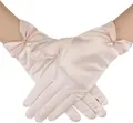 Guanti formali corti in raso rosa chiaro con perla e dettaglio fiocco - Stile Perla / Champagne